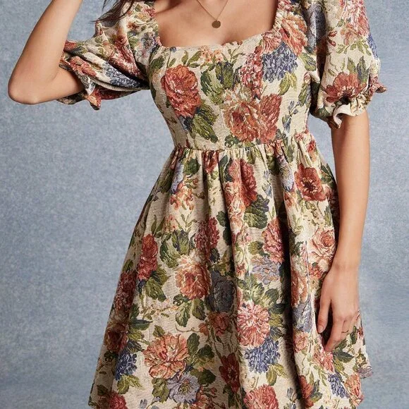 Multicolor Boho Women's Floral Jacquard Mini Dress - Picture 3 of 5